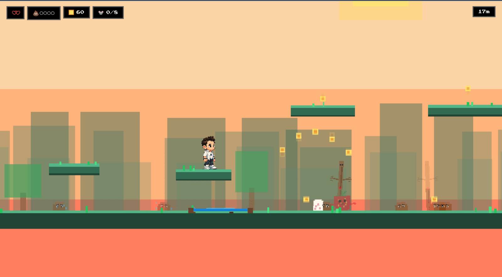 In-game screenshot showing the player, platforms, yellow coins, and a brown poop enemy