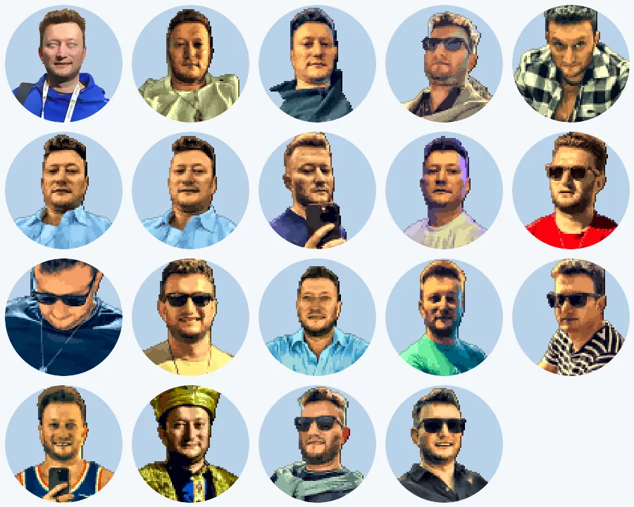 The original painting and the eighteen pixel-art versions of me