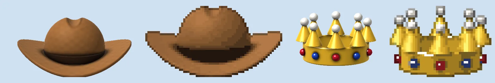 A cowboy hat and a crown: the 3D render, then the pixel version