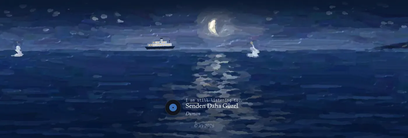 The footer at night: a painted sea under a last-quarter moon, its road of light on the water, a ferry on the horizon and a record floating on the water